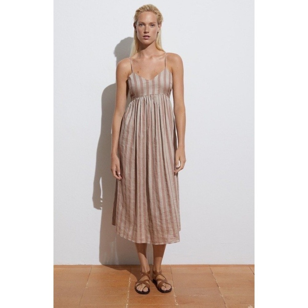 Soft Ballet Coquette Oysho Linen Blend Striped Midi Dress L Open Back Beach